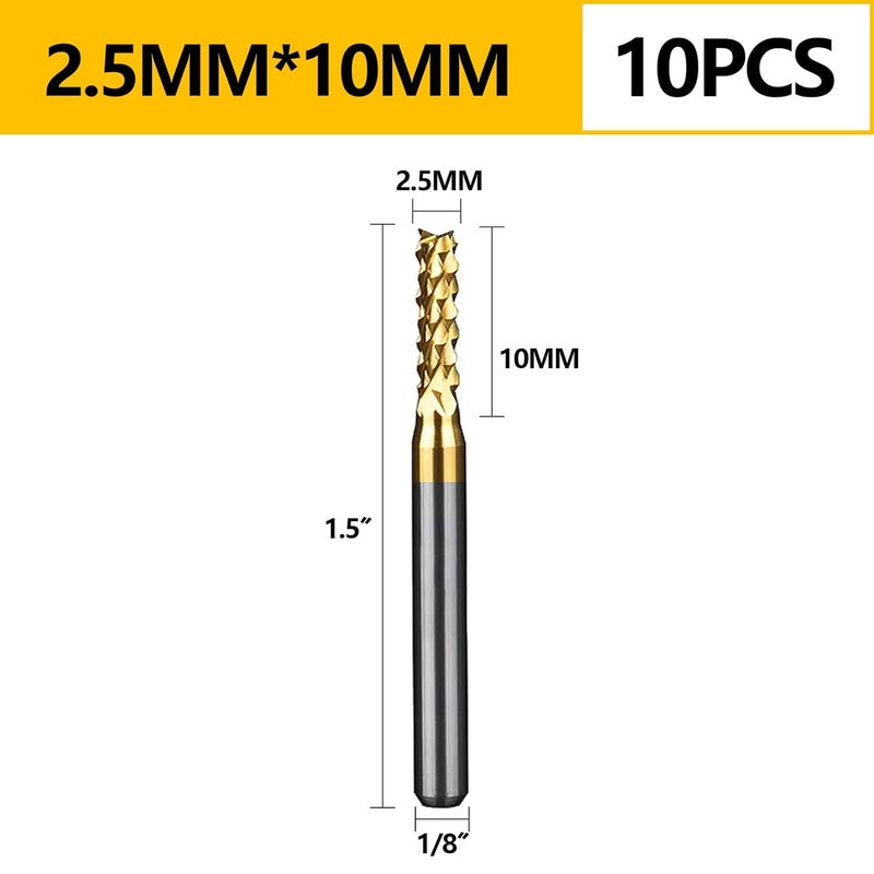WEXWE Tools 10Pcs 2.5mm TiN Coating Solid Carbide End Mill Engraving Milling Cutter CNC Router Bits for PCB Machine, 1/8" Shank 1BOX - Image 5